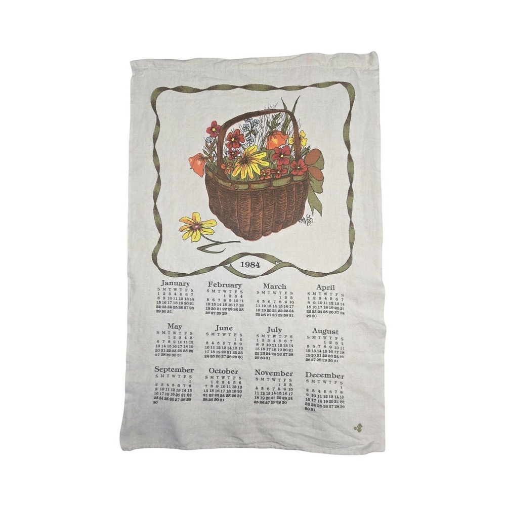 Vintage 1984 Stevens Linen Calendar Tea Towel Flower Basket Wall Hanging Kitchen